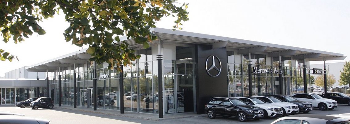 Moderne Glasfassade des Autohauses Peter in Dessau-Ro&szlig;lau mit gro&szlig;em Mercedes-Benz-Logo an der Front. Vor dem Geb&auml;ude stehen mehrere schwarze und wei&szlig;e Mercedes-Benz Fahrzeuge in einer Reihe. Im Vordergrund ein Baum mit gr&uuml;nen Bl&auml;ttern.