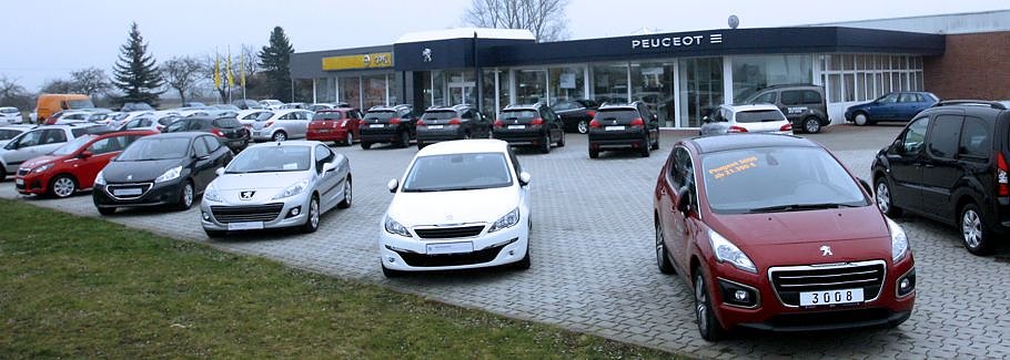 Autohaus Peter in S&ouml;mmerda mit vielen ausgestellten Fahrzeugen auf dem Au&szlig;engel&auml;nde, Blick auf die gl&auml;serne Fassade und Peugeot- und Opel-Logo.