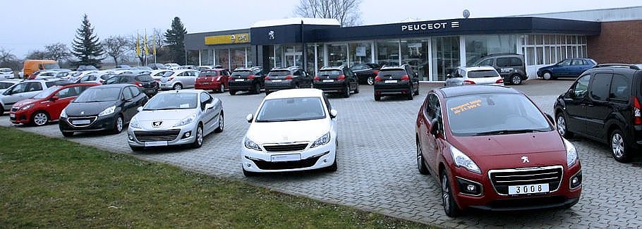 Autohaus Peter in S&ouml;mmerda mit vielen ausgestellten Fahrzeugen auf dem Au&szlig;engel&auml;nde, Blick auf die gl&auml;serne Fassade und Peugeot- und Opel-Logo.