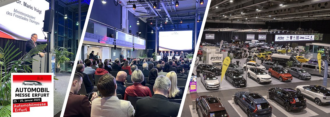 Collage von 3 Bildern der Er&ouml;ffnungsveranstaltung der Automobilmesse (Mario Voigt am Rednerpult, Ansicht von hinten auf das Publikum, Bild von oben auf in die Messehalle)