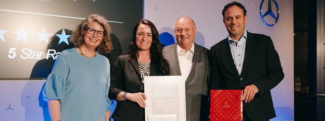 Die &Uuml;bergabe der Customer Loyalty Index (CLI) Ehrung mit den Gesch&auml;ftsf&uuml;hrern Christina Dost und Helmut Peter in der Mitte.