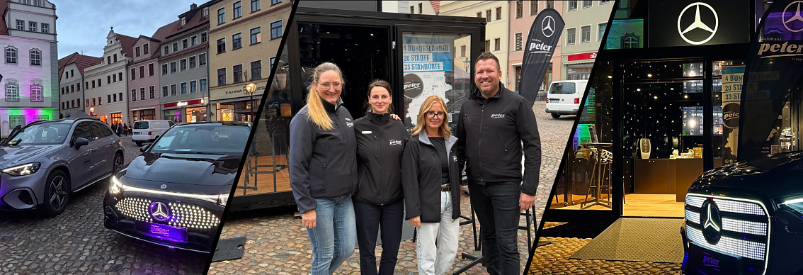 Zusammenschnitt aus dem Verkaufsteam und Ausschnitten des Abends mit dem Mercedes-Benz Event Cube und ausgew&auml;hlten Fahrzeugmodellen, die farbig beleuchtet werden. 