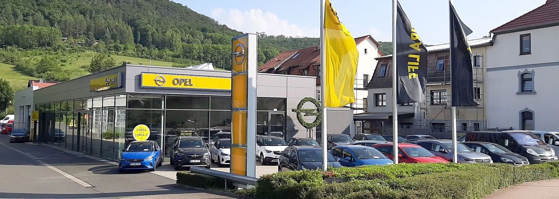 Au&szlig;enansicht des Opel-Autohauses Peter in Sondershausen. Im Vordergrund sieht man mehrere geparkte Autos sowie Fahnen mit Opel-Logo. Das moderne Geb&auml;ude mit gro&szlig;en Glasfronten tr&auml;gt das Opel-Logo und ist von gr&uuml;ner Landschaft und H&uuml;geln umgeben.