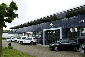Peugeot Autohaus in Göttingen mit großer Glasfassade und prominentem Löwen-Logo, mehrere weiße und ein schwarzes Peugeot-Fahrzeug vor dem Gebäude geparkt.