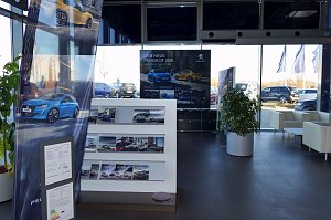Heller Ausstellungsbereich eines Autohauses mit Peugeot-Werbepostern, Prospektwand mit Flyern, Pflanze in großem Topf und Wartebereich mit weißen Sesseln, große Fenster mit Blick auf den Parkplatz.