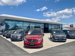 Mercedes-Benz Autohaus Peter in Lutherstadt Wittenberg mit moderner Glasfassade, davor mehrere �Junge Sterne� Vans in verschiedenen Farben, blauer Himmel mit weißen Wolken.