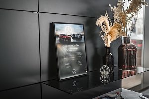 Dekoratives Regal mit einem gerahmten �Junge Sterne�-Zertifikat von Mercedes-Benz, daneben zwei Vasen mit Trockenblumen in Braun- und Beiget&ouml;nen. Auf dem Regal liegen auch Magazine, davor eine Glaskugel-Deko. Moderner schwarzer Hintergrund.
