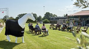 Pressekonferenz zum Reitturnier Immenrode 2025 auf dem Rasenplatz bei sonnigem Wetter. Teilnehmer sitzen auf St&uuml;hlen in lockerer Runde, w&auml;hrend im Vordergrund eine wei&szlig;e Pferdefigur mit schwarzer Autohaus-Peter-Abschwitzdecke steht. Im Hintergrund sind Stallgeb&auml;ude und ein Zeltbereich sichtbar.