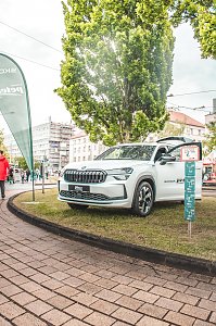 Weißes Skoda Fahrzeug mit Skoda Beachflag daneben; ein Baum im Hintergrund