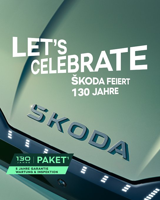 Grafik mit Nahaufnahme von gr&uuml;ner Skoda Frontansicht und gro&szlig;em Schriftzug Let's Celebrate. Darunter 130 Jahre Paket